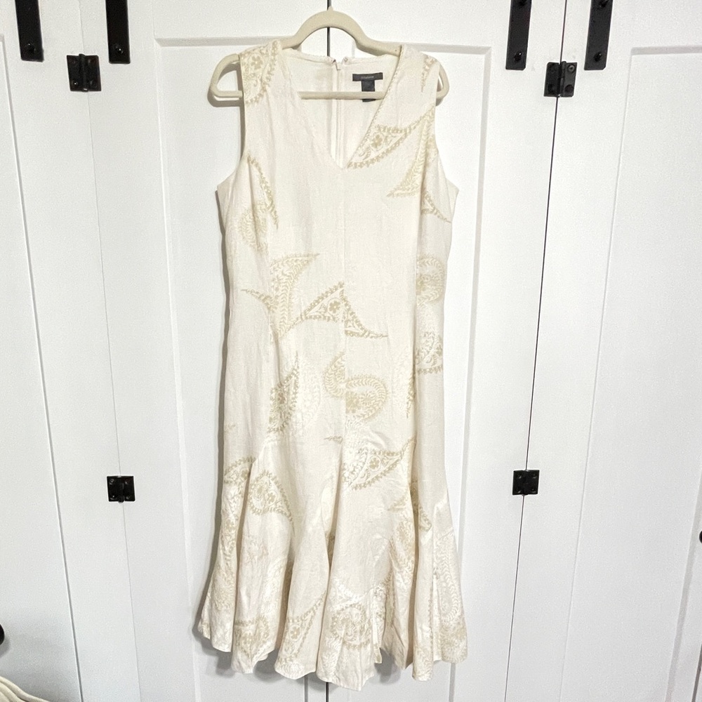 Liz Claiborne Ivory Linen Trumpet Dress | 12 | Lined & Chic Paisley Print - Picture 10 of 15